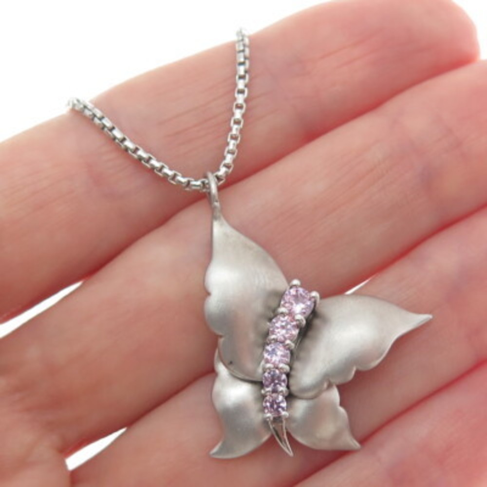 925 Sterling Silver Vintage Lavender C Z Butterfly Round Box Chain Necklace 16" - Picture 2 of 9